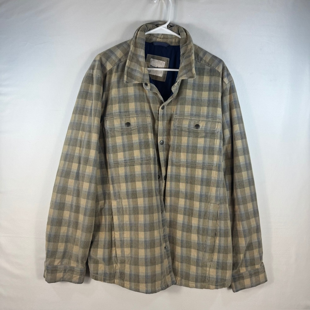 Tommy Bahama Mens XL Plaid Corduroy Quilted Shirt Jacket Tan Blue Snap Front